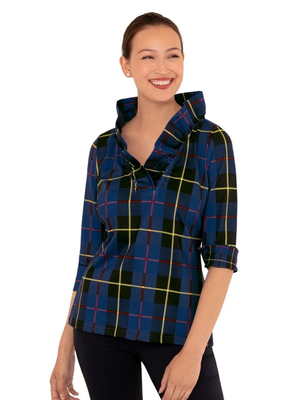 Gretchen Scott Ruffneck Top Duke of York Plaid Preppy Holiday Size S